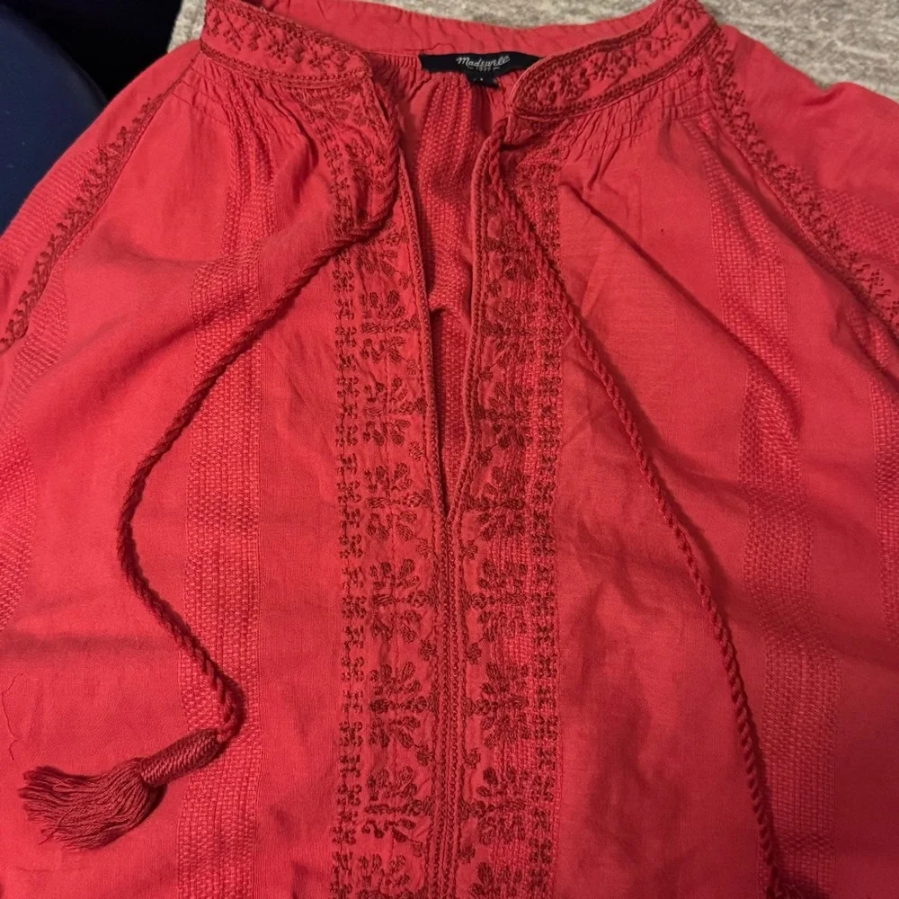 Madewell Red Embroidered Boho Blouse‎ Size Medium Long Sleeve Top - Picture 7 of 11